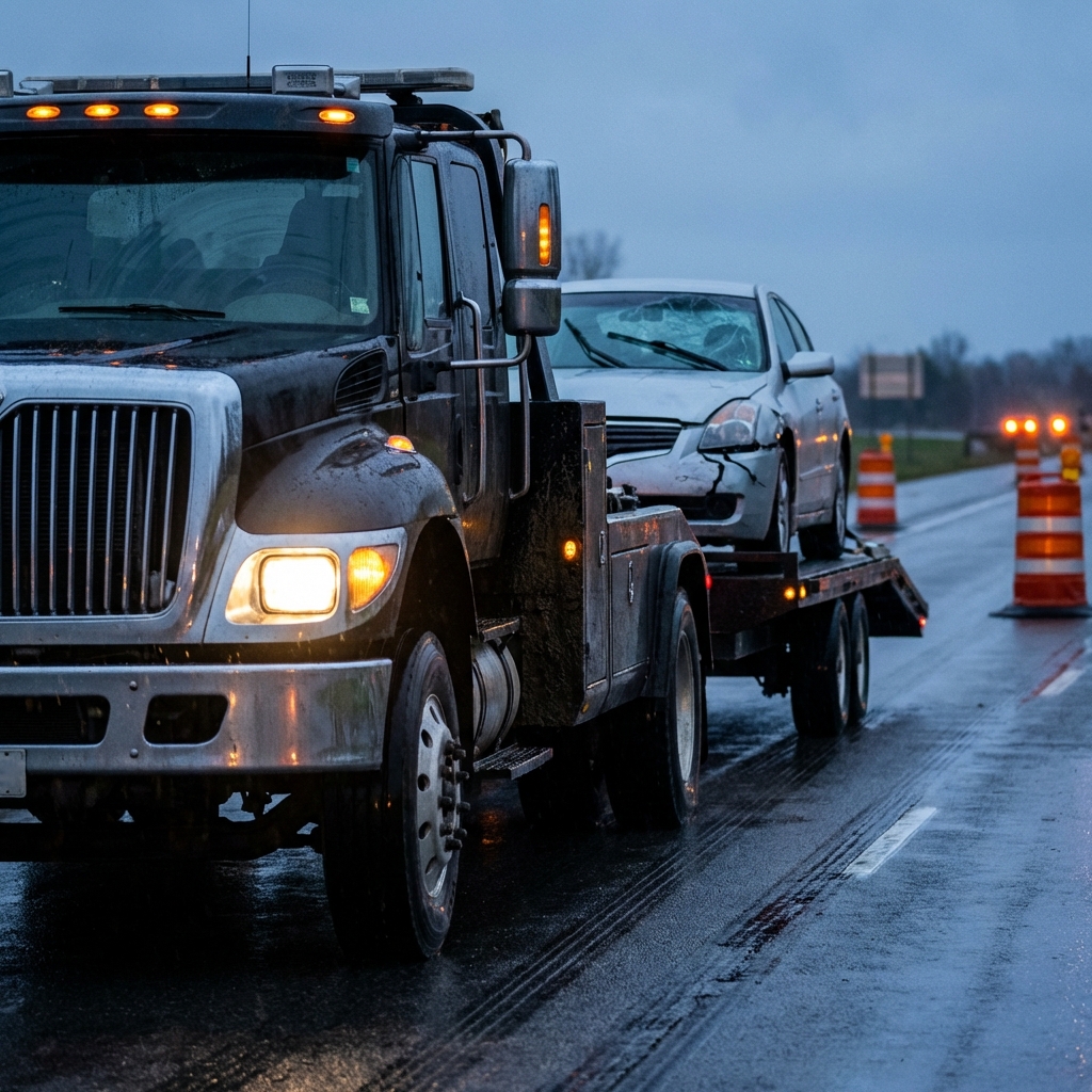 Vehicle towing on wet road - roadside support